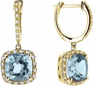1.00Ct Cushion Cut Blue Topaz & Diamond Drop Dangle Earrings For Women's 14K Yellow Gold Plated