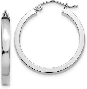 10k White Gold 2x3mm Rectangel Tube Hoop Earrings 25mm Long 2mm Thick-Hoop Earring for Women