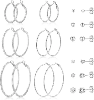 12 Pairs Big Gold Hoop Earrings Set for women Cubic Zirconia Set Earrings 14K Gold Plated Stainless Surgical Steel Stud Earrings Jewelry for Women