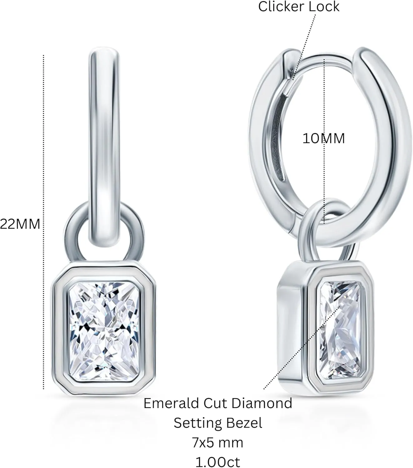 14K Gold Emerald Bezel Diamond Drop Hoop Earring for Women, Dangle Charm Hoop, Elegant Green Gemstone Earring, Solitaire Style Jewelry Gift for Her.