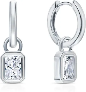 14K Gold Emerald Bezel Diamond Drop Hoop Earring for Women, Dangle Charm Hoop, Elegant Green Gemstone Earring, Solitaire Style Jewelry Gift for Her.