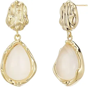 14K Gold Plated Gold Statement Earrings for Women Trendy Geometric Teardrop Drop Dangle Earrings with White Agate 925 Sterling Silver Posts Chunky Stud Earrings Fashion Jewelry Gift for Women