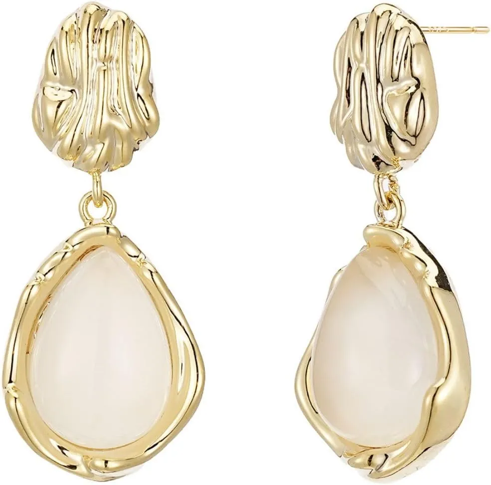 14K Gold Plated Gold Statement Earrings for Women Trendy Geometric Teardrop Drop Dangle Earrings with White Agate 925 Sterling Silver Posts Chunky Stud Earrings Fashion Jewelry Gift for Women