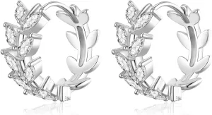 14K Gold Plated Huggie Hoop Earrings for Women Hypoallergenic 925 Sterling Silver Cubic Zirconia Olive Leaf Hoop Earrings Jewelry Gifts