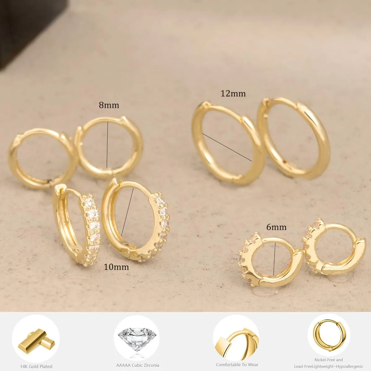 14K Gold Plated Huggie Hoop Earrings Set for Women,Stack Cartilage Earring, Earrings Sets for Men,Hypoallergenic Multiple Piercing Earrings Set for Gifts
