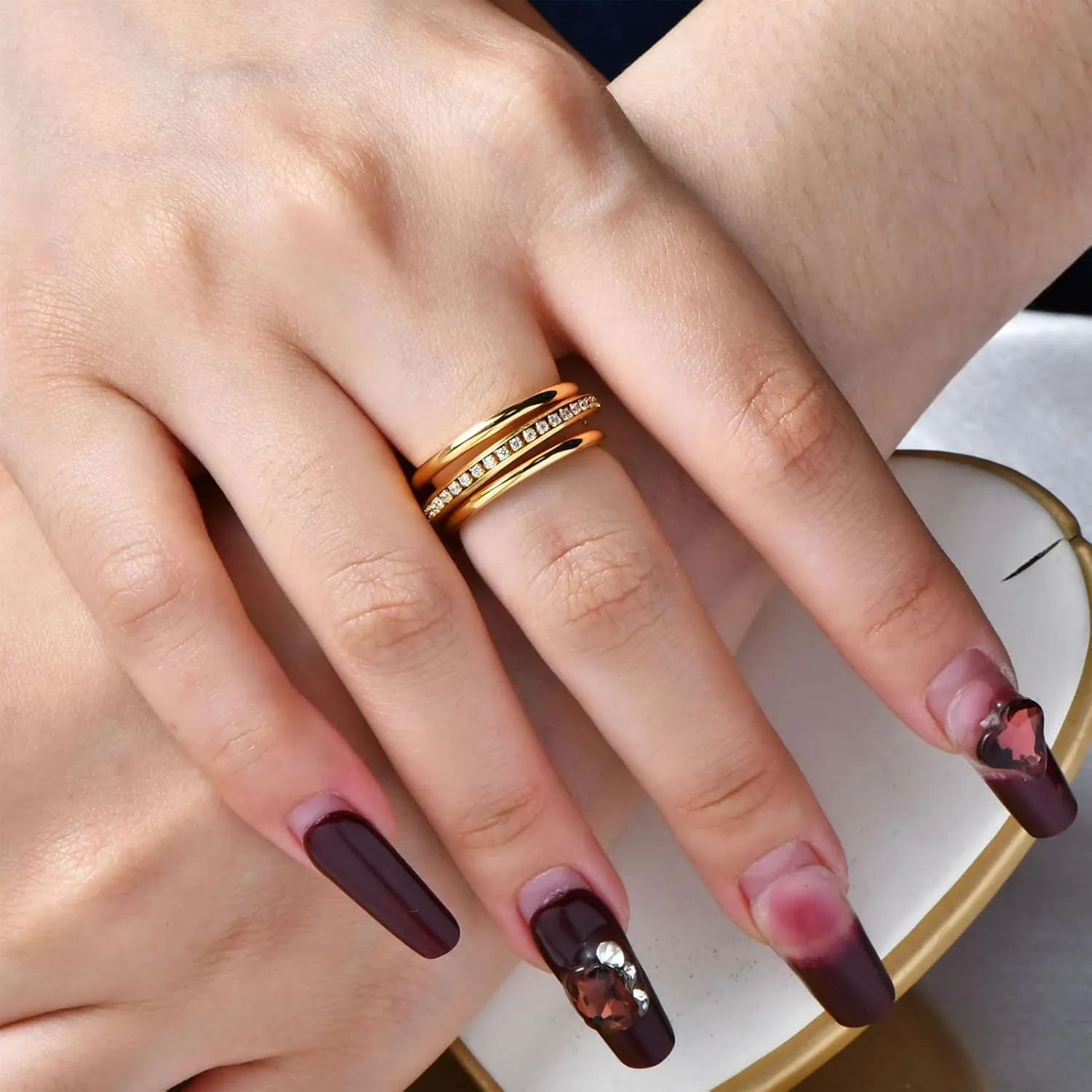 14K Gold Plated Interlocked Stackable Rings For Women Stainless Steel Statement Rings Dainty Cubic Zirconia Connected Bands Stacking Jewelry (size 6-10)