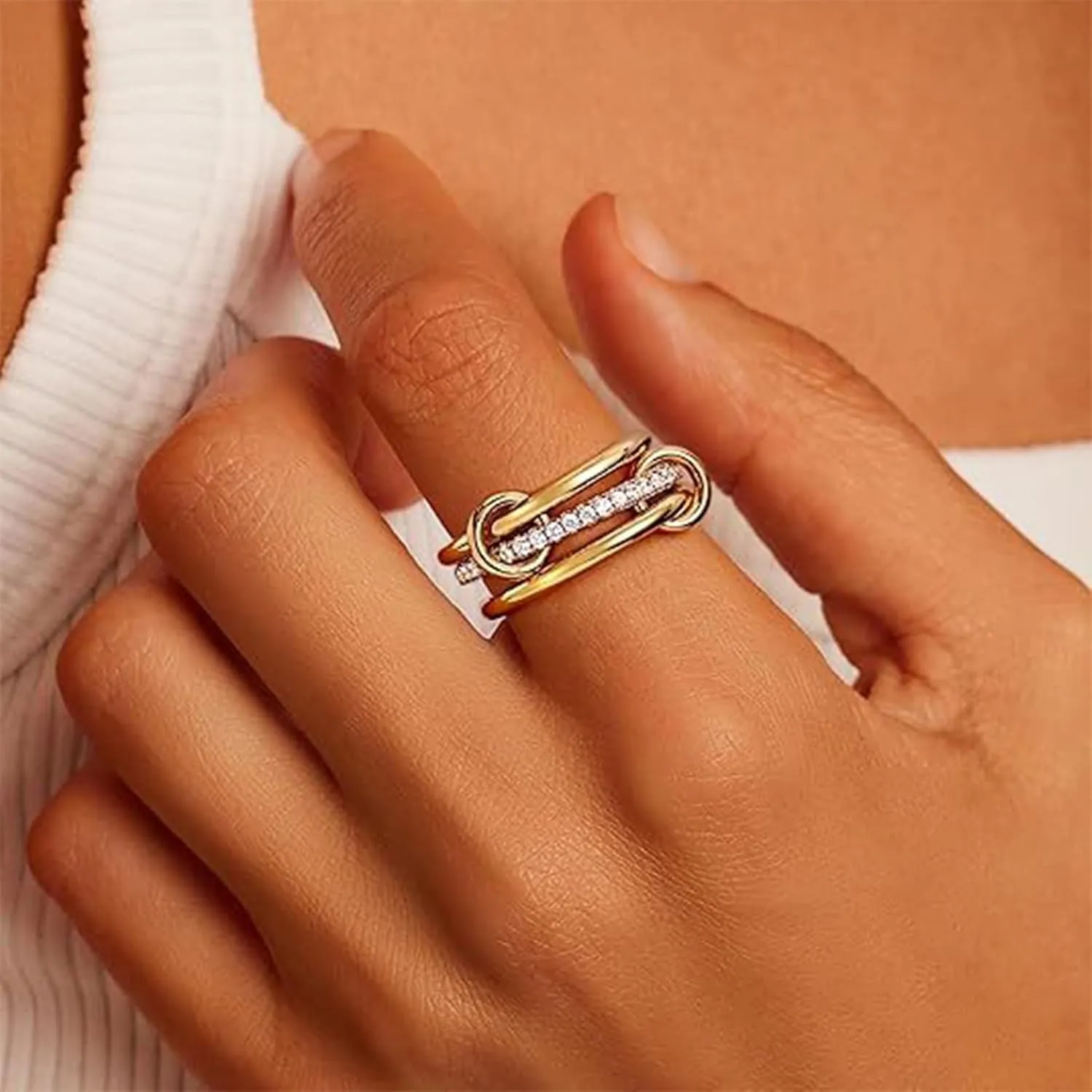 14K Gold Plated Interlocked Stackable Rings For Women Stainless Steel Statement Rings Dainty Cubic Zirconia Connected Bands Stacking Jewelry (size 6-10)