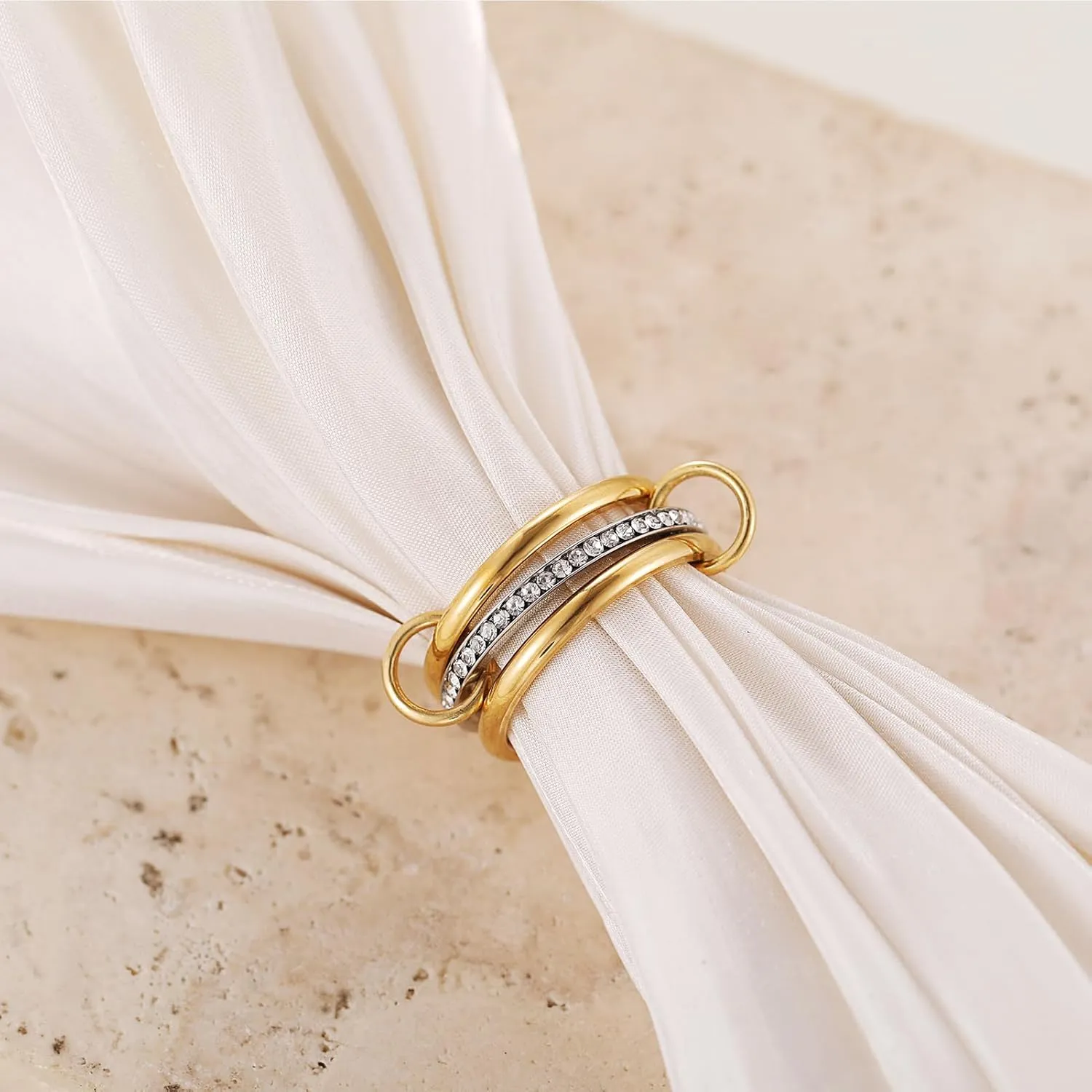 14K Gold Plated Interlocked Stackable Rings For Women Stainless Steel Statement Rings Dainty Cubic Zirconia Connected Bands Stacking Jewelry (size 6-10)