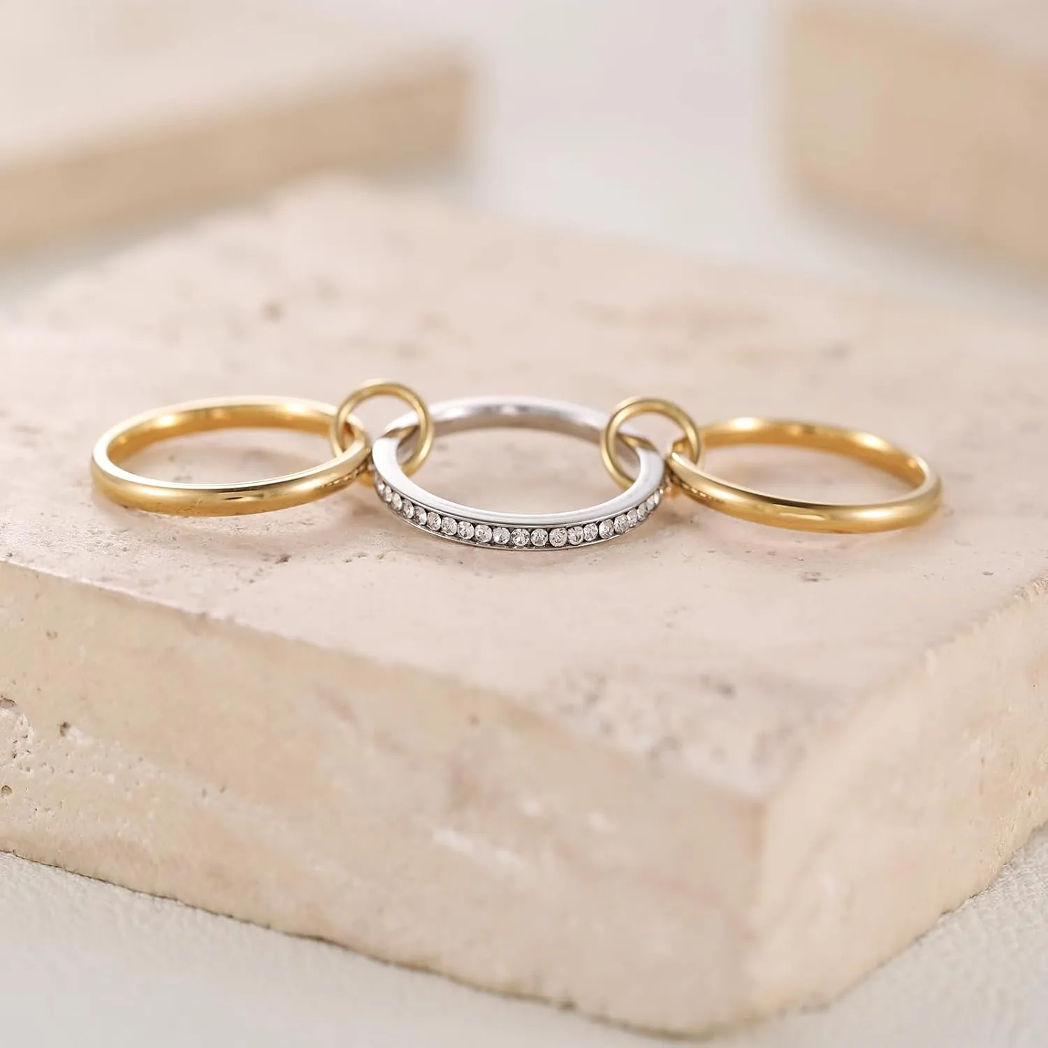 14K Gold Plated Interlocked Stackable Rings For Women Stainless Steel Statement Rings Dainty Cubic Zirconia Connected Bands Stacking Jewelry (size 6-10)