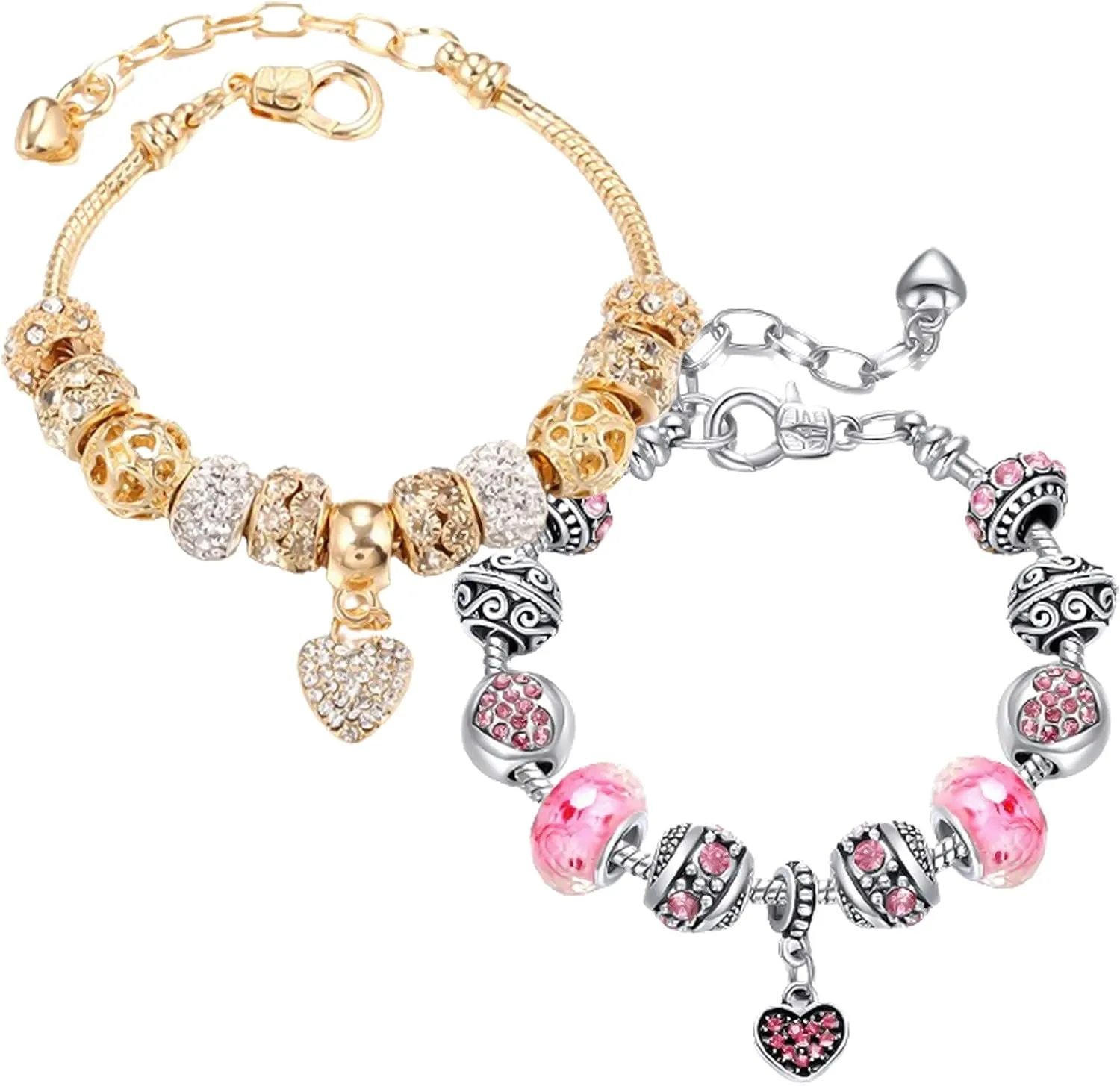 14K Gold Plated Love Locked Bracelets for Women, 2 Pcs, Gold and Pink, 7.5"   1.5" Extender, with Crystal, Love Heart Charm