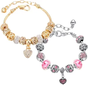 14K Gold Plated Love Locked Bracelets for Women, 2 Pcs, Gold and Pink, 7.5"   1.5" Extender, with Crystal, Love Heart Charm