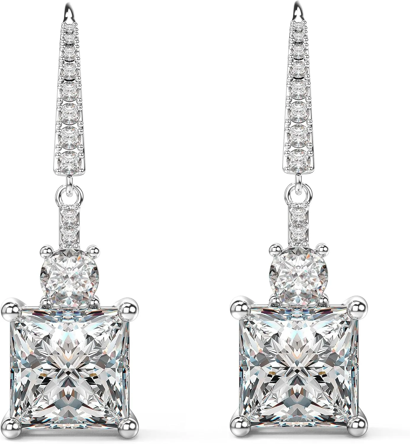 18K White Gold Plated Sterling Silver Square Princess Cut Cubic Zirconia Dangle Earrings for Women CZ Diamond Drop Dangling Earrings for Women Hypoallergenic