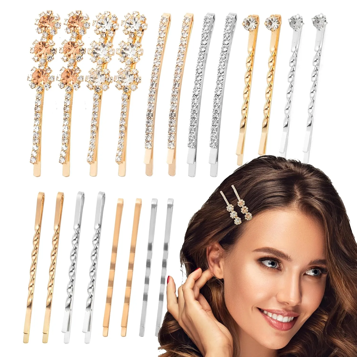 20 PCS Decorative Bobby Pins, Rhinestone Bobby Pins for Women Thin Hair with 5 Elegant Designs (Glod & Silver), Jeweled Hair Accessories for Women Wedding Party