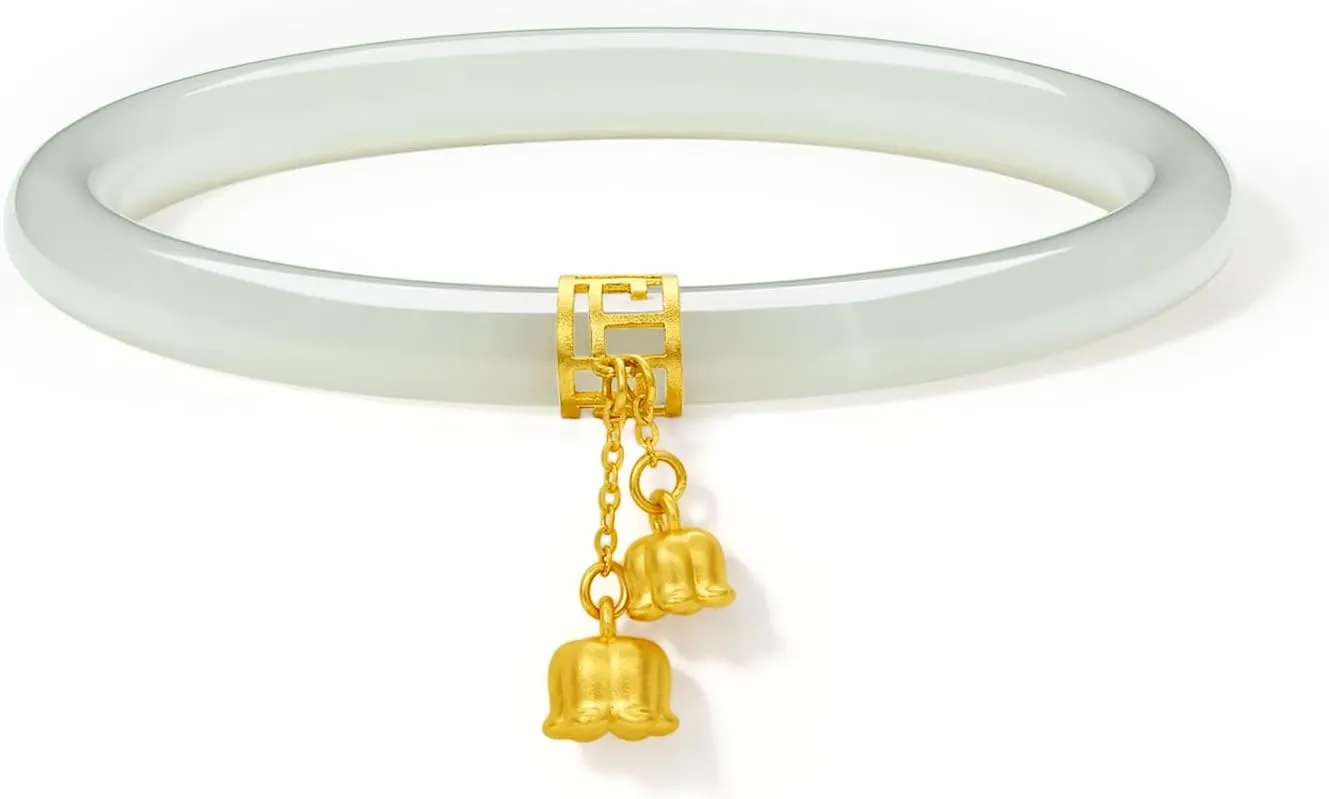 24K Solid Gold Flower Nephrite Hetian Green Jade Bangle Bracelet Round Bracelet Natural Gemstone Floral Lucky Dainty Jewelry for Women Mom Daughter Size 54(170)-60(230)