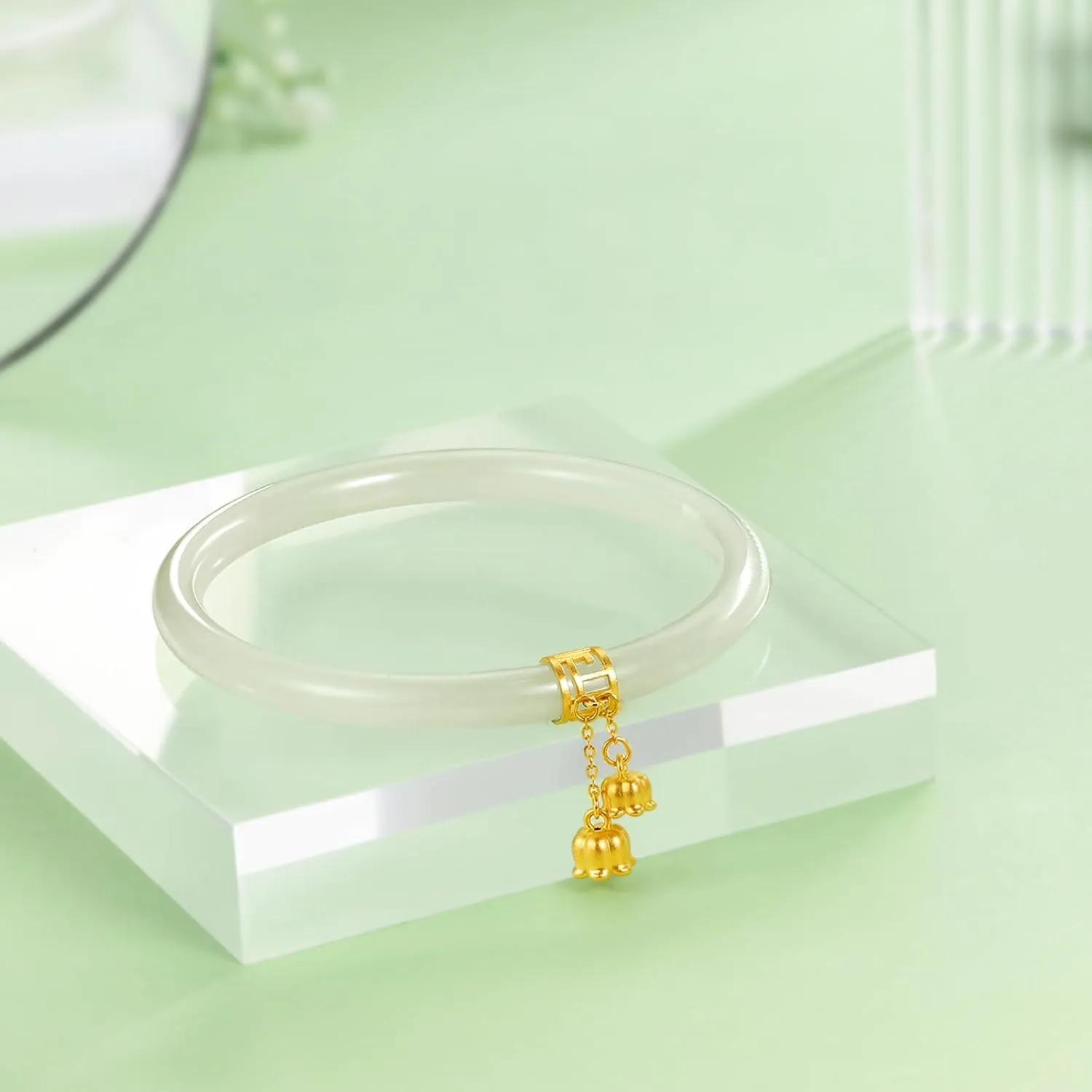 24K Solid Gold Flower Nephrite Hetian Green Jade Bangle Bracelet Round Bracelet Natural Gemstone Floral Lucky Dainty Jewelry for Women Mom Daughter Size 54(170)-60(230)