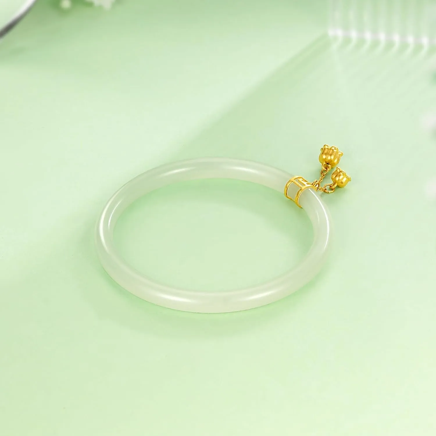 24K Solid Gold Flower Nephrite Hetian Green Jade Bangle Bracelet Round Bracelet Natural Gemstone Floral Lucky Dainty Jewelry for Women Mom Daughter Size 54(170)-60(230)