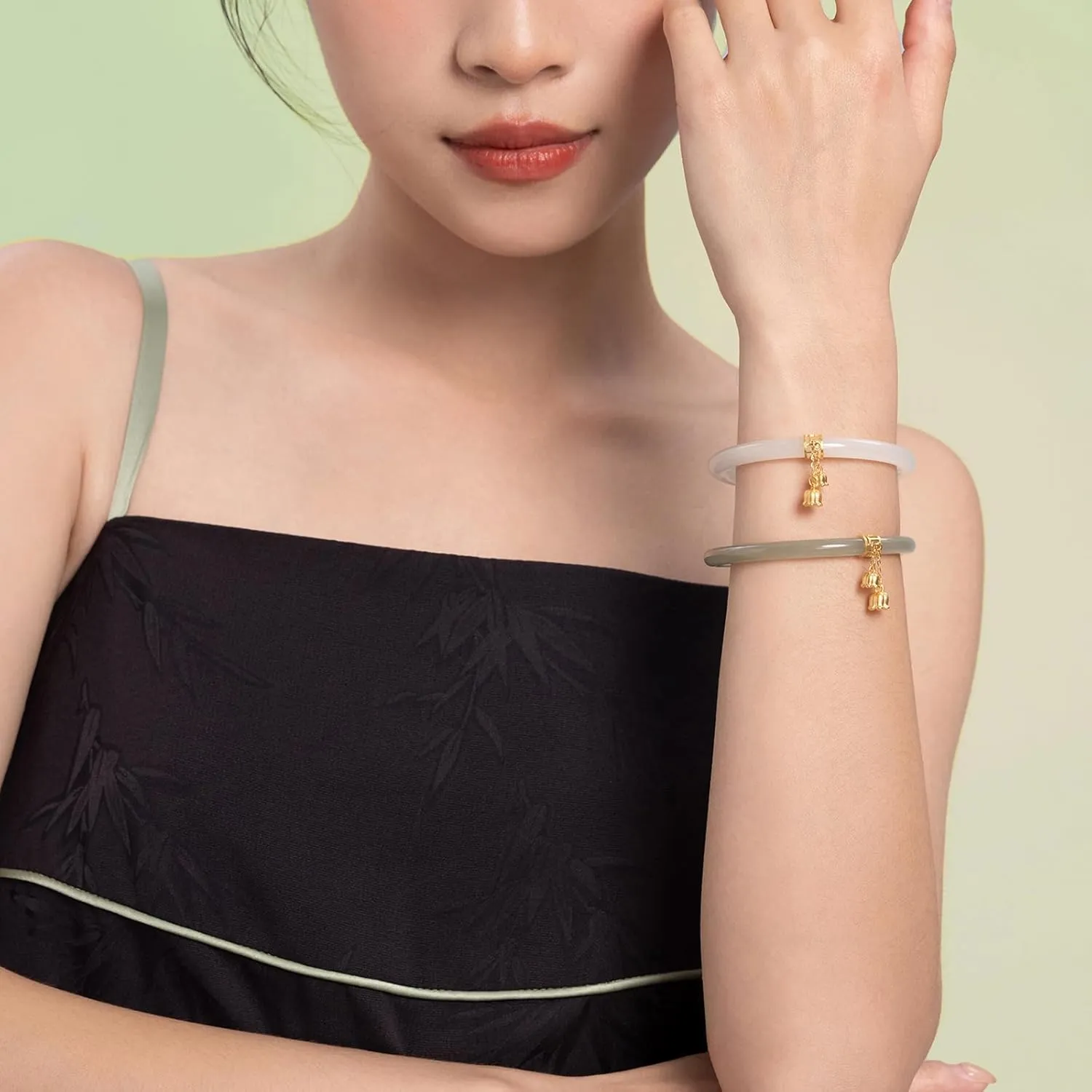 24K Solid Gold Flower Nephrite Hetian Green Jade Bangle Bracelet Round Bracelet Natural Gemstone Floral Lucky Dainty Jewelry for Women Mom Daughter Size 54(170)-60(230)