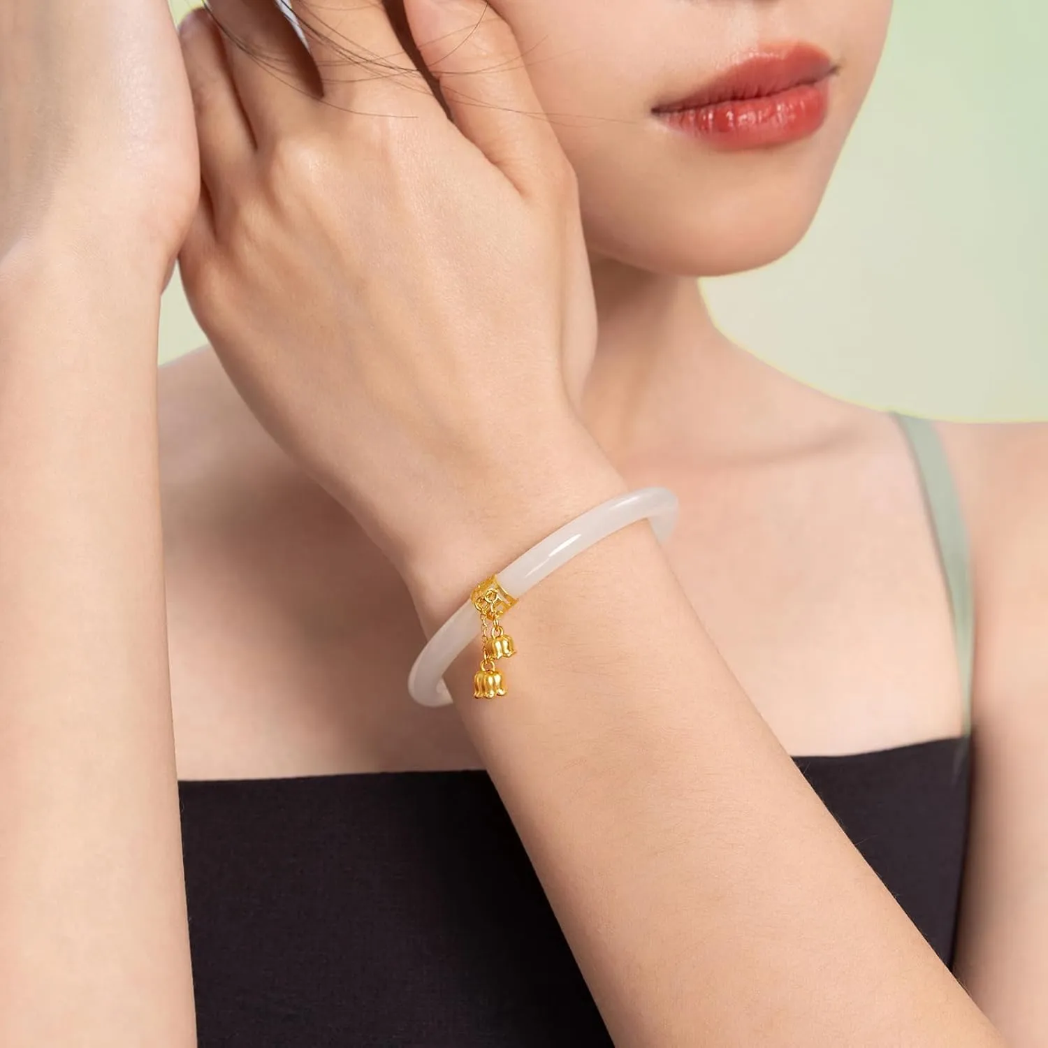 24K Solid Gold Flower Nephrite Hetian Green Jade Bangle Bracelet Round Bracelet Natural Gemstone Floral Lucky Dainty Jewelry for Women Mom Daughter Size 54(170)-60(230)