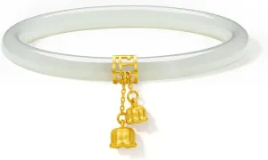 24K Solid Gold Flower Nephrite Hetian Green Jade Bangle Bracelet Round Bracelet Natural Gemstone Floral Lucky Dainty Jewelry for Women Mom Daughter Size 54(170)-60(230)