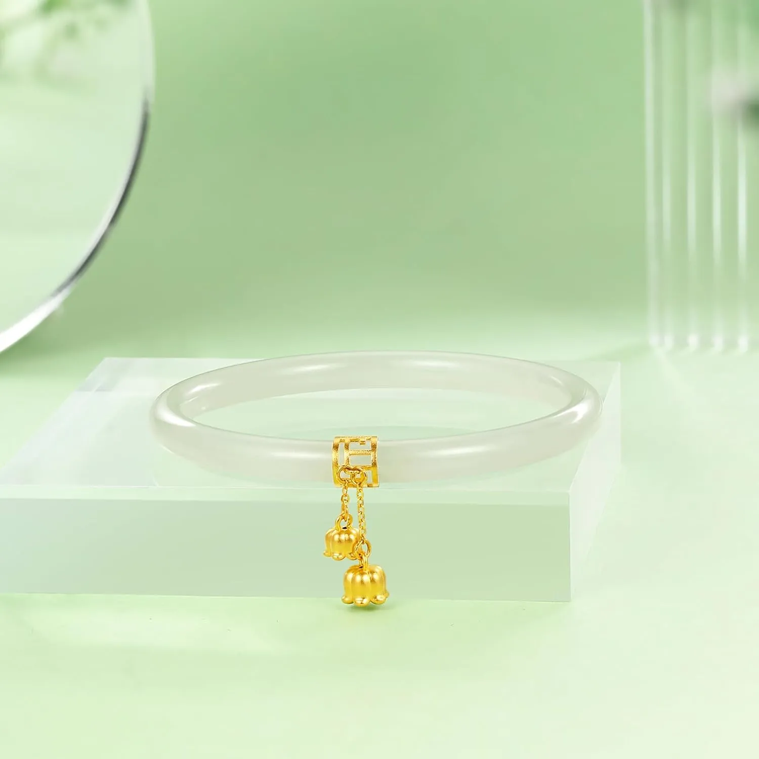 24K Solid Gold Flower Nephrite Hetian Green Jade Bangle Bracelet Round Bracelet Natural Gemstone Floral Lucky Dainty Jewelry for Women Mom Daughter Size 54(170)-60(230)