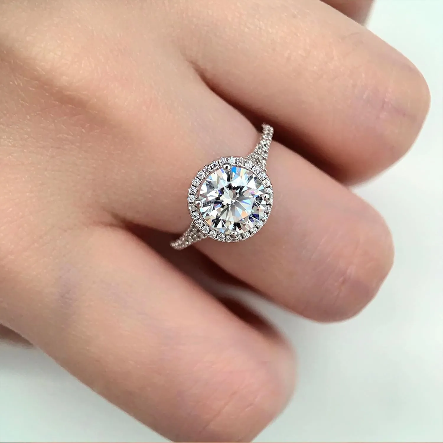 2ct Moissanite Engagement Ring, 2 Carat Round Engagement Ring Hidden Halo, Moissanite Rings for Women