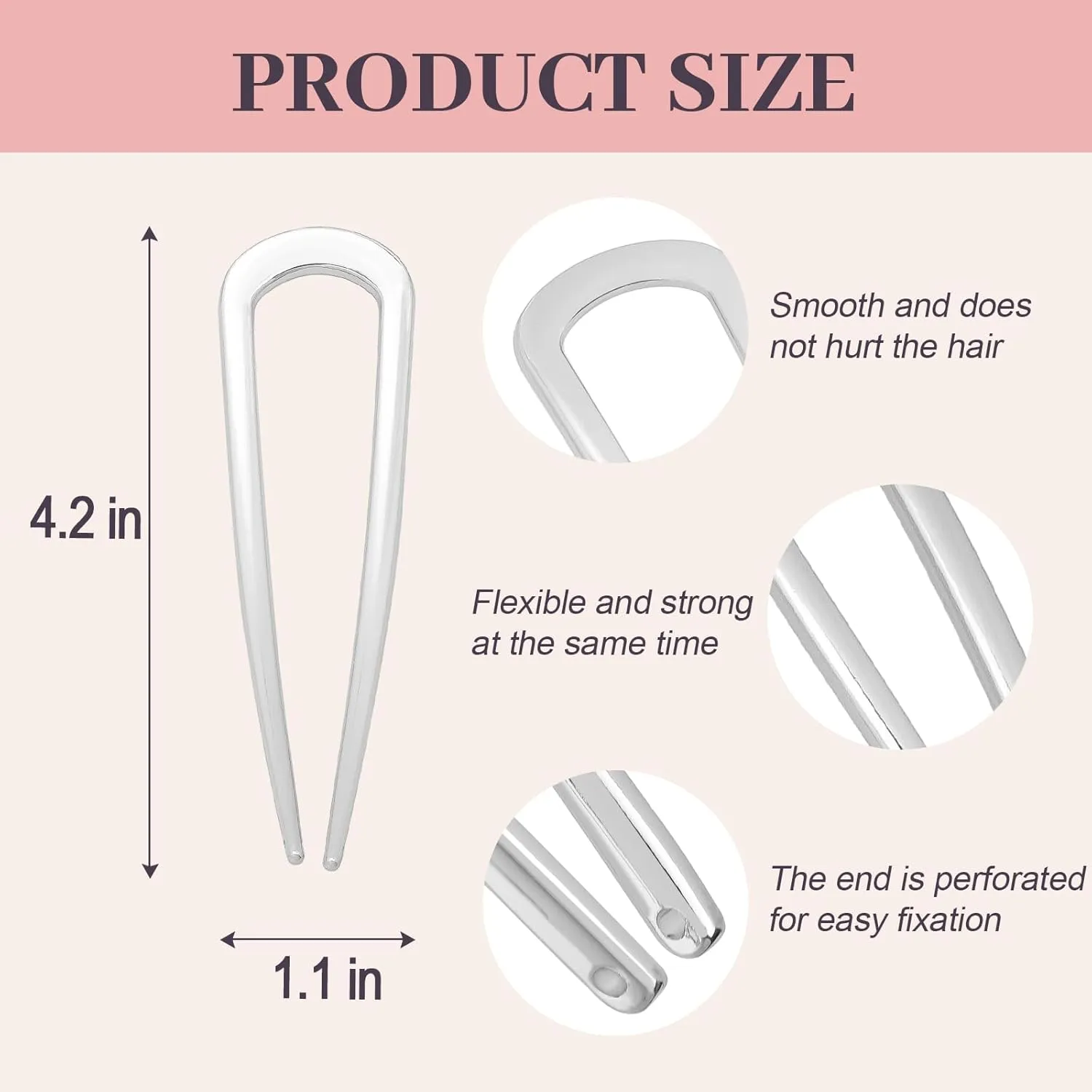 2PCS 4.2Inch French Hair Pins U-Shaped Pins for Women and Girls Fashion Metal Hair Pin French Twist Hair Pins for Buns, Updos,Stylish and Functional(set1-silver)