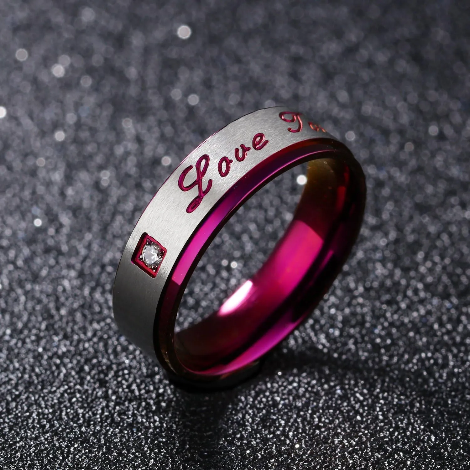 2pcs Love Token Stainless Steel Zircon Couple Promise Ring Unique Purple Wedding Engagement Band