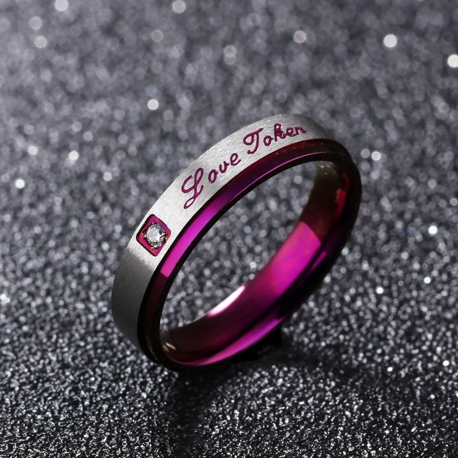 2pcs Love Token Stainless Steel Zircon Couple Promise Ring Unique Purple Wedding Engagement Band