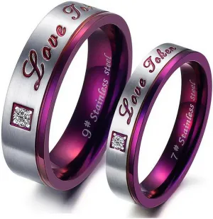 2pcs Love Token Stainless Steel Zircon Couple Promise Ring Unique Purple Wedding Engagement Band