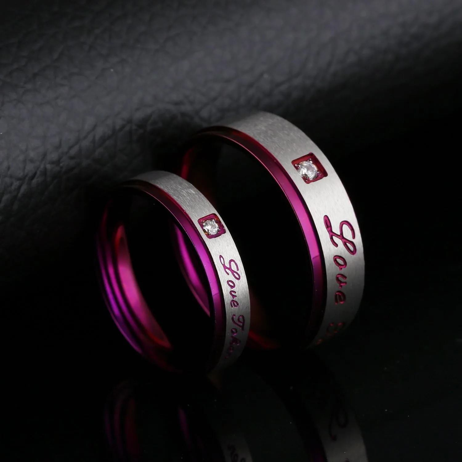 2pcs Love Token Stainless Steel Zircon Couple Promise Ring Unique Purple Wedding Engagement Band