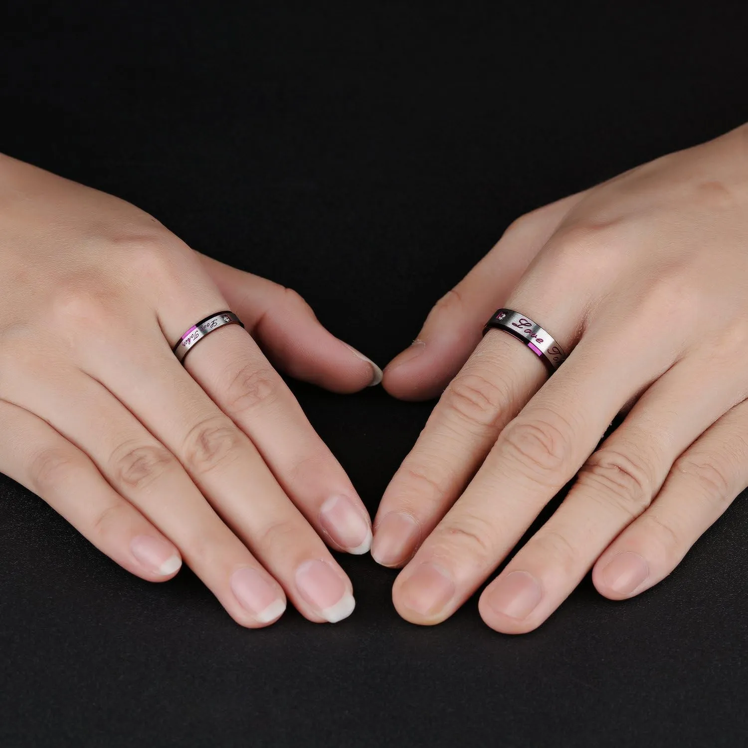 2pcs Love Token Stainless Steel Zircon Couple Promise Ring Unique Purple Wedding Engagement Band