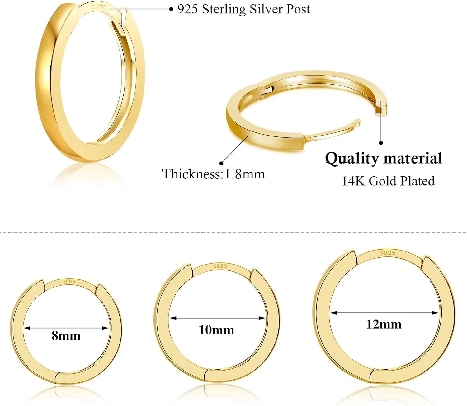 3 Pairs 925 Sterling Silver Hoop Earrings 14K White Gold Plated Small Silver Hoops Cartilage Huggie Earrings for Women Men