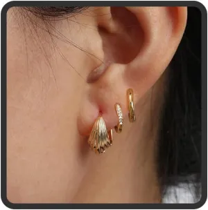 3 Pairs Gold Hoop Earrings Set for Women, Multiple Piercings Cartilage Stud Small Hoop Dainty Earrings Set 14K Gold Jewelry