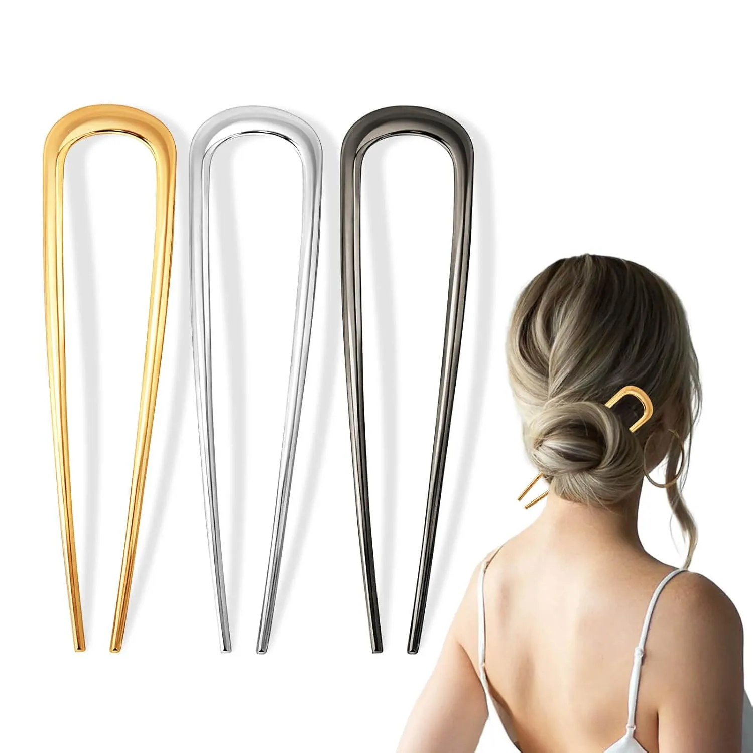 3 Pcs French Hair Pin for Women, 5.5 Inch Metal U-Shaped Hair Clip for Long Thick Hair, Hair Pins Suitable for Different Hairstyles (Black, Gold, Silver)