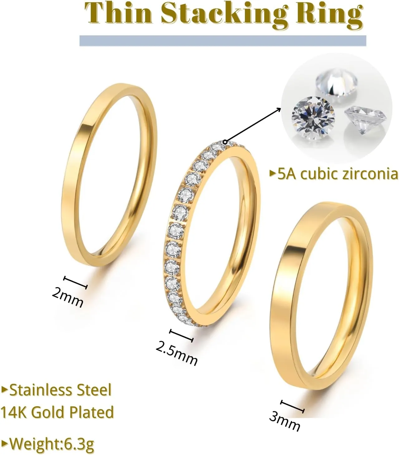 3PCS Gold Stackable Rings for Women, Non Tarnish 14K Gold Plated Stainless Steel Sparkly Cubic Zirconia Eternity Bands, Thin Silver Stacking Rings