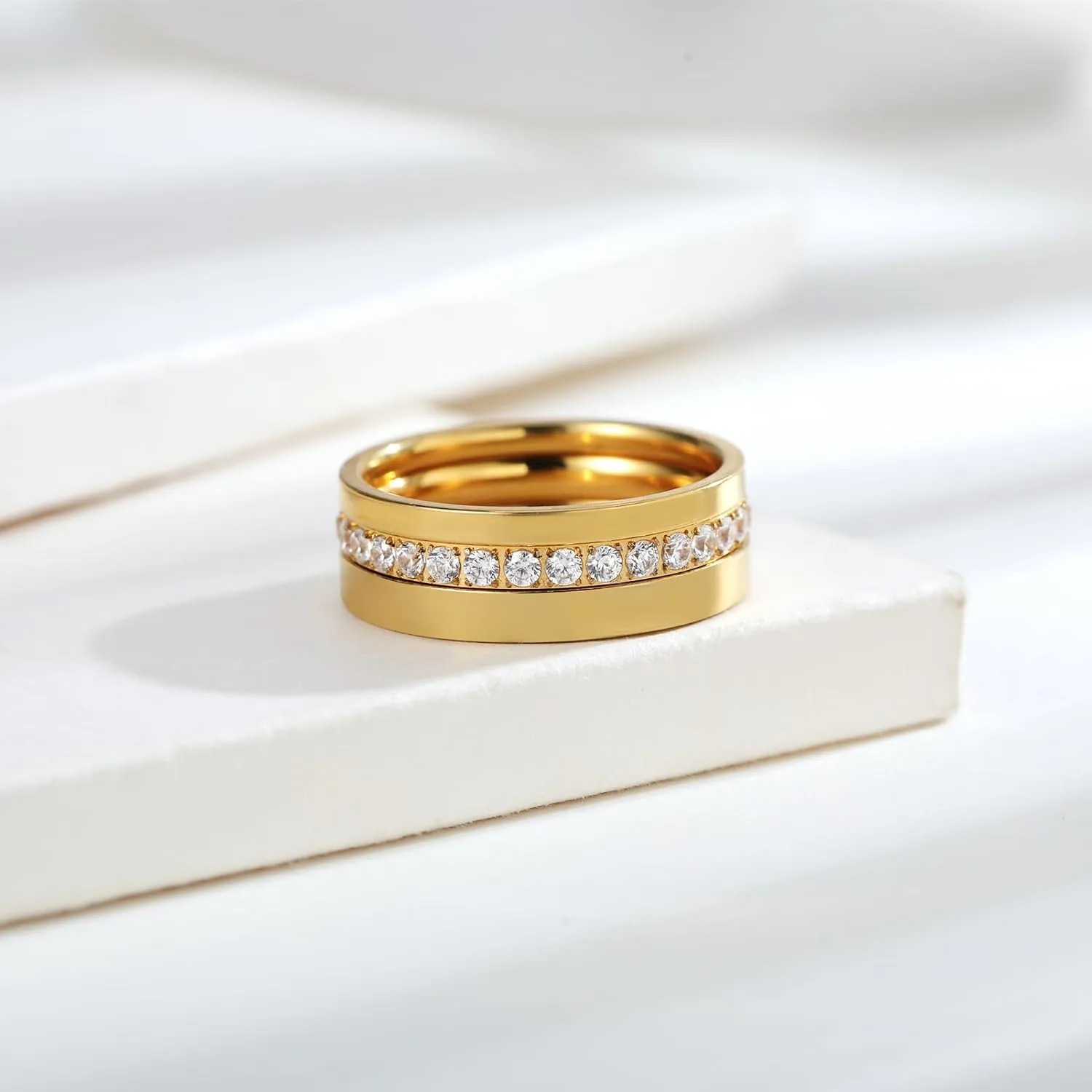 3PCS Gold Stackable Rings for Women, Non Tarnish 14K Gold Plated Stainless Steel Sparkly Cubic Zirconia Eternity Bands, Thin Silver Stacking Rings