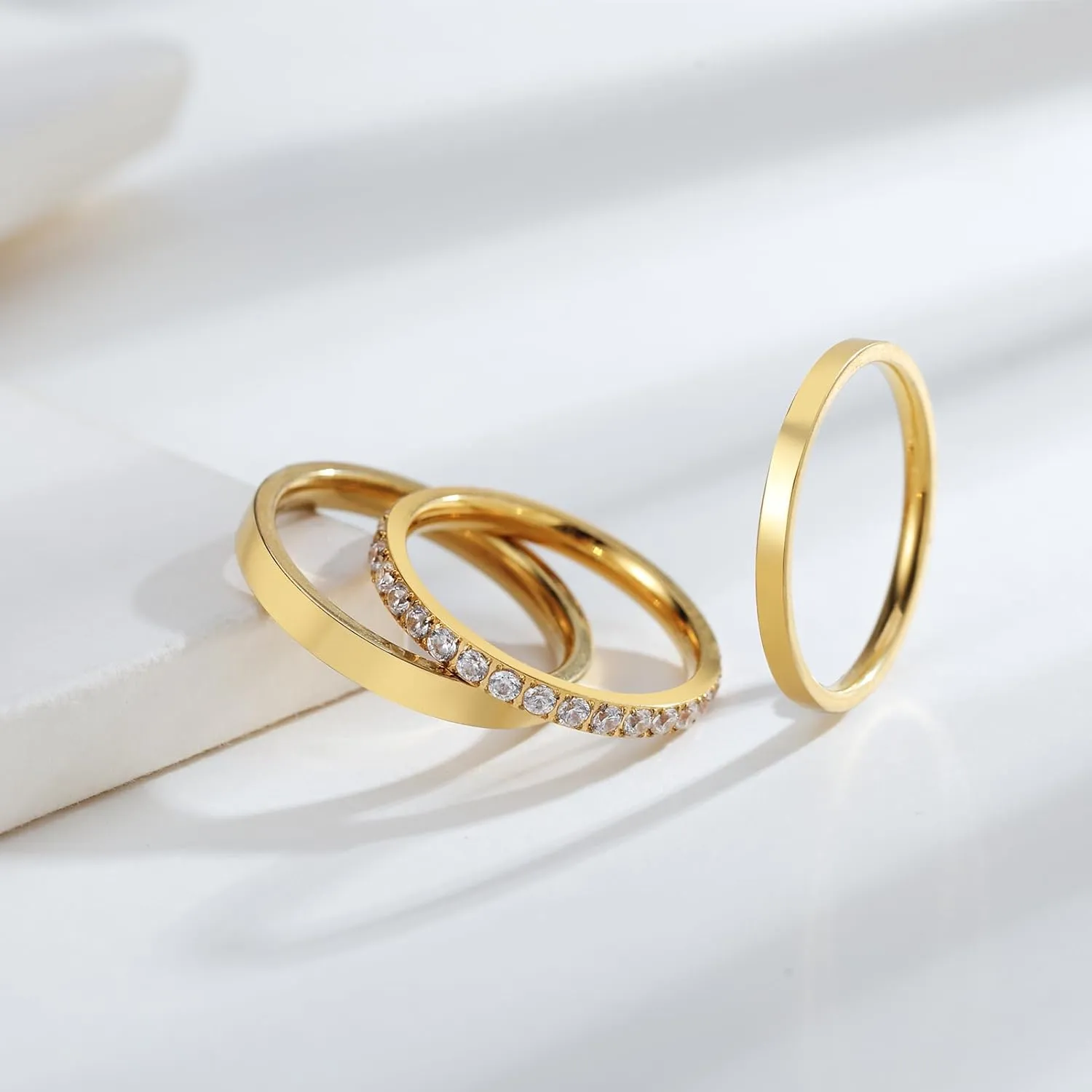 3PCS Gold Stackable Rings for Women, Non Tarnish 14K Gold Plated Stainless Steel Sparkly Cubic Zirconia Eternity Bands, Thin Silver Stacking Rings