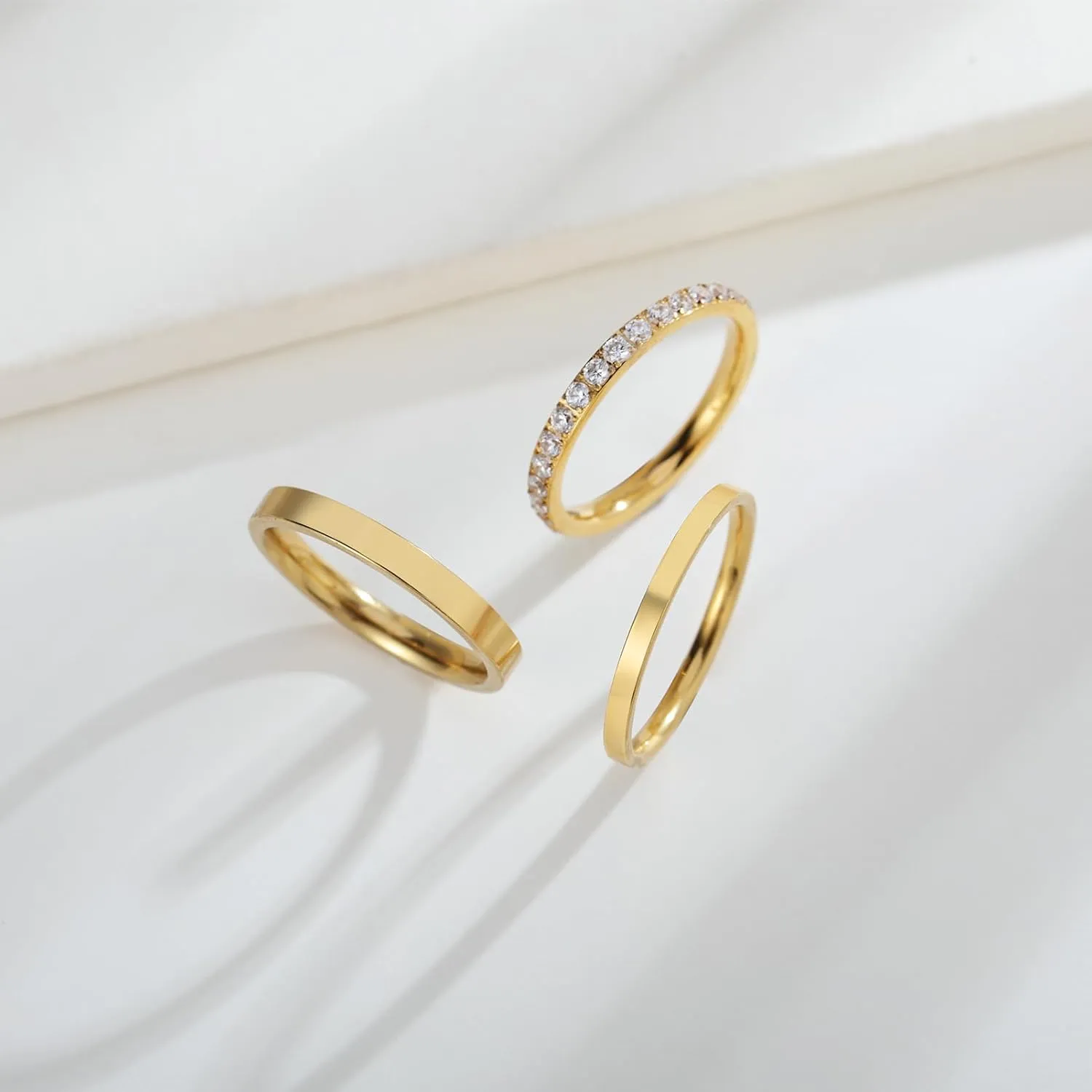 3PCS Gold Stackable Rings for Women, Non Tarnish 14K Gold Plated Stainless Steel Sparkly Cubic Zirconia Eternity Bands, Thin Silver Stacking Rings