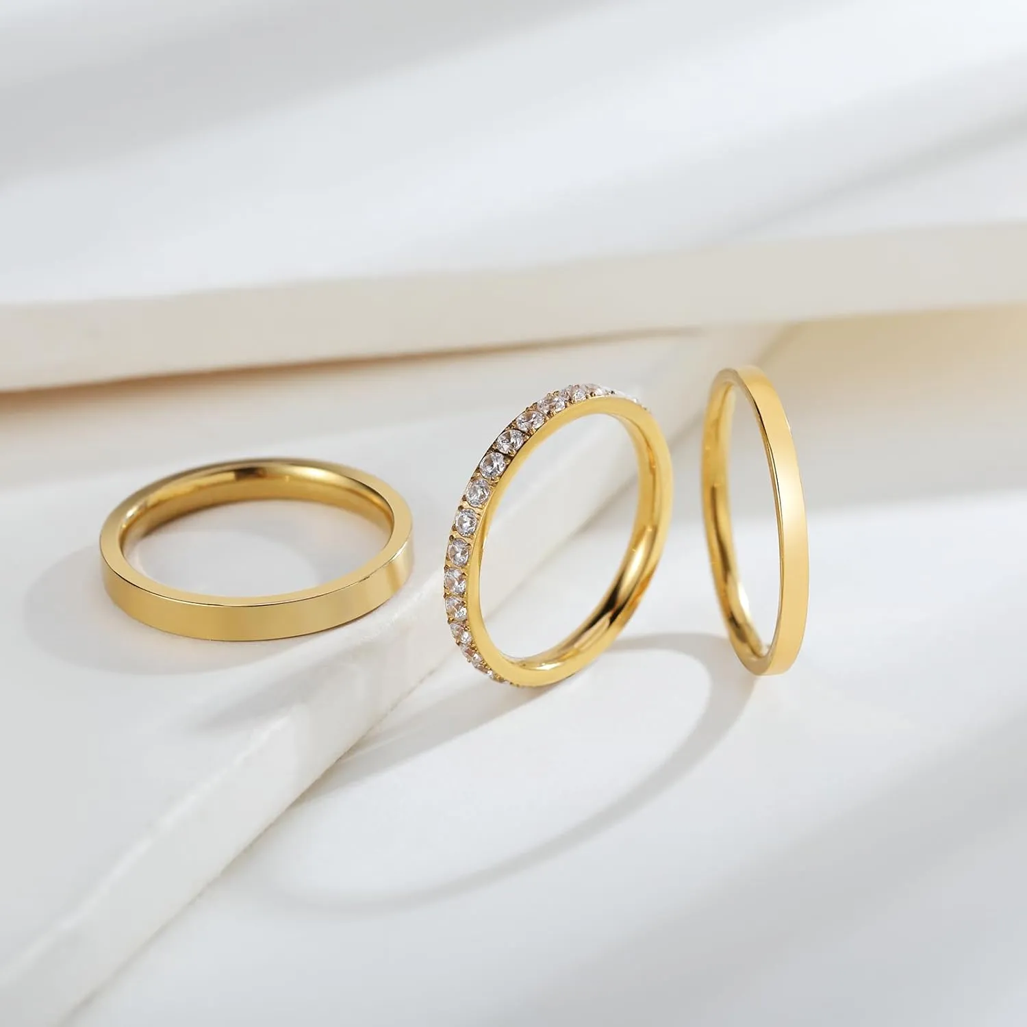 3PCS Gold Stackable Rings for Women, Non Tarnish 14K Gold Plated Stainless Steel Sparkly Cubic Zirconia Eternity Bands, Thin Silver Stacking Rings