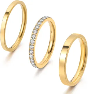 3PCS Gold Stackable Rings for Women, Non Tarnish 14K Gold Plated Stainless Steel Sparkly Cubic Zirconia Eternity Bands, Thin Silver Stacking Rings