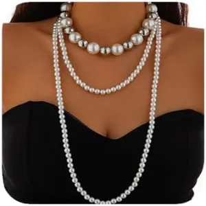 3Tier Boho Women Multilayer Long 1920s Necklace Silver Dainty Pearls Layered Choker Necklaces Beads Fashion Chunky Pendant Multilayer Adjustable Layering Chain Necklaces for Women