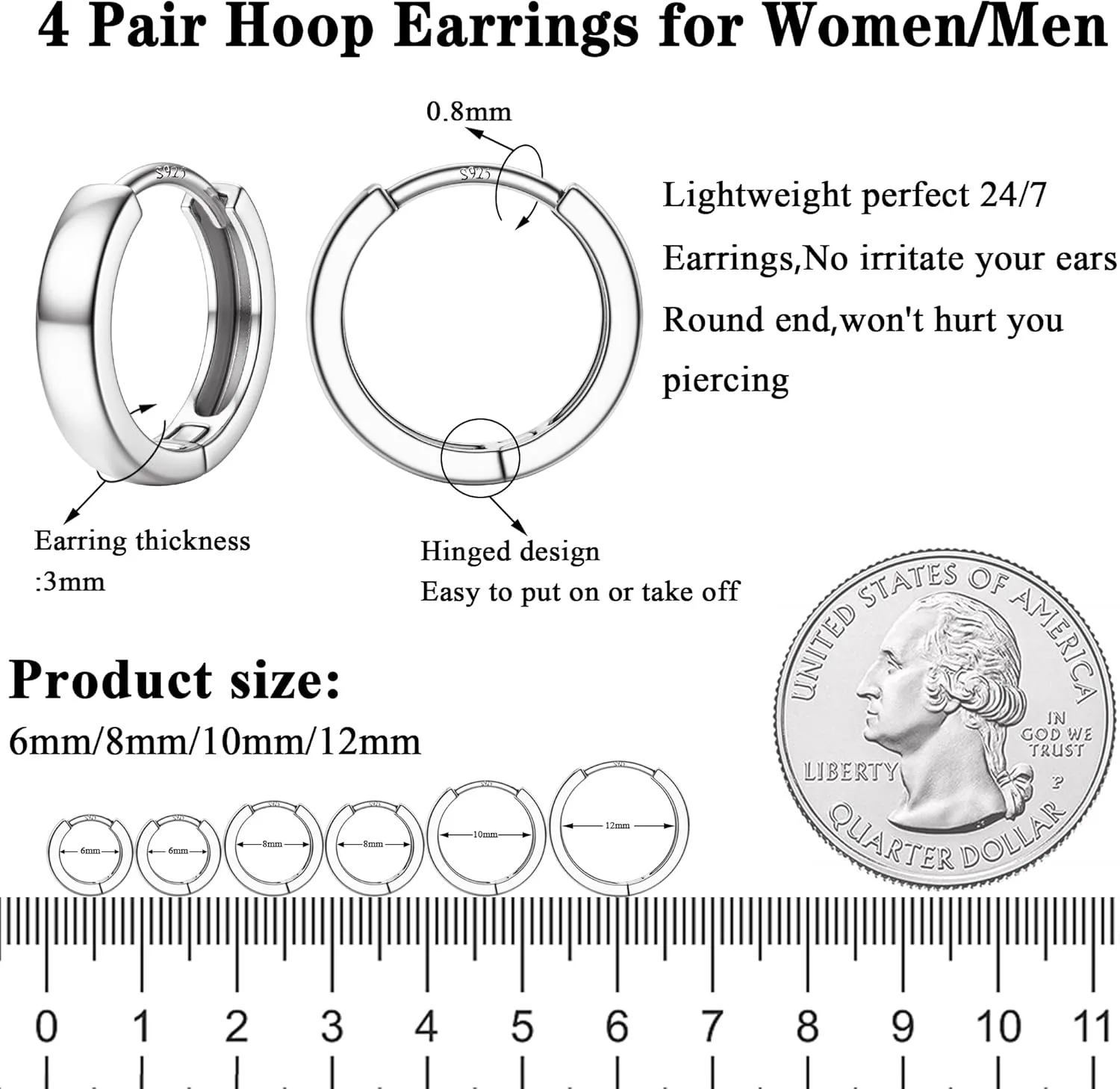 4 Pairs 18K Gold Plated Hoop Earrings Set for Women 925 Sterling Silver Post Small Gold Huggie Chunky Earrings for Multiple Piercing Cartilage Hoop Earrings Stack Jewelry 6mm 8mm 10mm 12mm