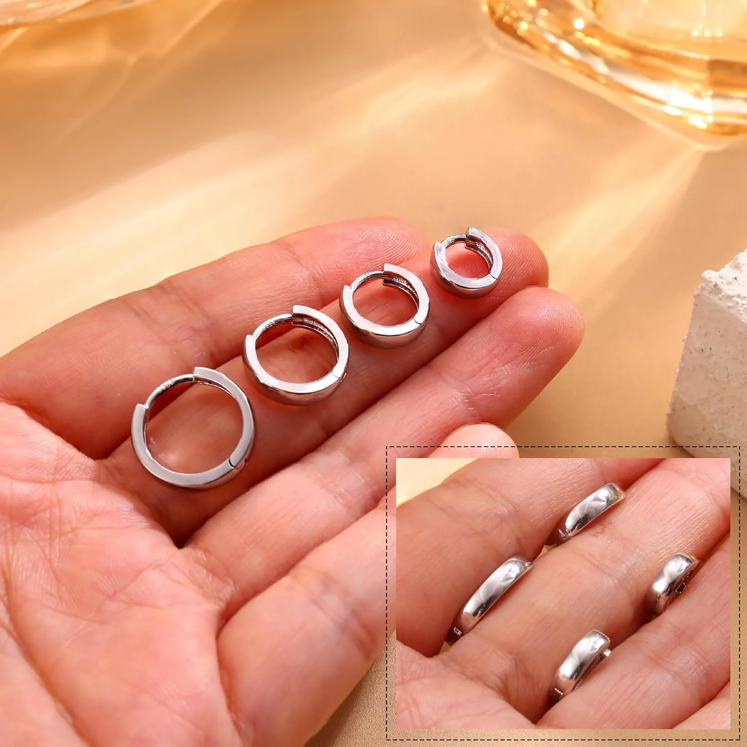 4 Pairs 18K Gold Plated Hoop Earrings Set for Women 925 Sterling Silver Post Small Gold Huggie Chunky Earrings for Multiple Piercing Cartilage Hoop Earrings Stack Jewelry 6mm 8mm 10mm 12mm