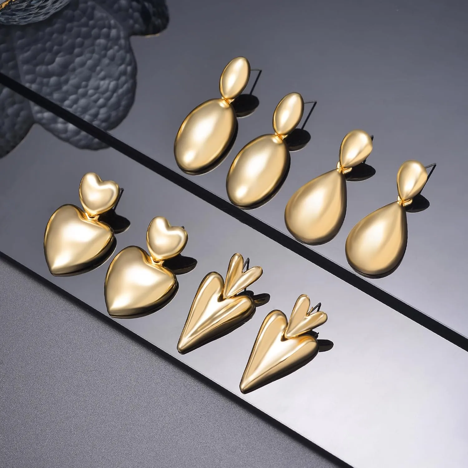 4 Pairs Gold/Silver/Rose Gold Plated Dangle Earrings Set for Women, Hypoallergenic Lightweight 14K Gold Waterdrop Heart Geometric Drop Earrings Pack Fashion Jewelry