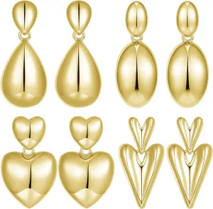 4 Pairs Gold/Silver/Rose Gold Plated Dangle Earrings Set for Women, Hypoallergenic Lightweight 14K Gold Waterdrop Heart Geometric Drop Earrings Pack Fashion Jewelry