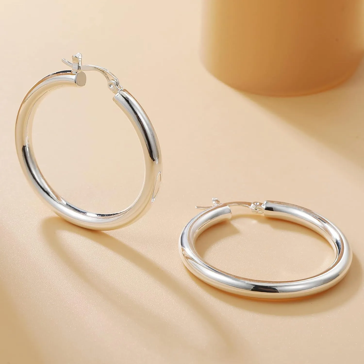 4mm Thick Gold Chunky Earrings Steling Silver Post Hoops Earrings For Women Hollow Tube Hoops Earrings Thick Gold Hoop Earrings Hypoallergenic Lightweight Gold Hoop Large Earrings 20/30/40/50/60MM