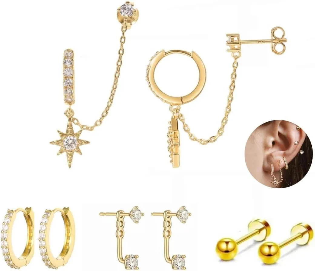 4Pairs 14K Gold Diamond Hoop Earrings for Multiple Piercing Hypoallergenic Earrings Set Ear Jacket Flat Back Stud Earring Stacks