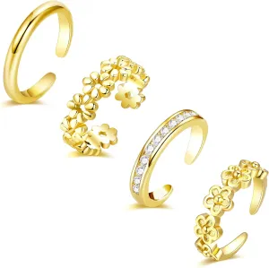 4PCS Gold Toe Rings for Women Adjustable Flower Simple Band Toe Ring Set Open Summer Beach Foot Jewelry Set