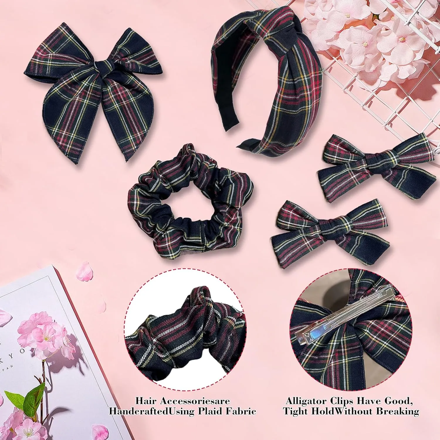 5 Pcs Plaid Headband Set with Hair Knotted Scrunchies Bow, Padded Headbands for Women, Christmas Hair Bows & Clips Accessories for Girls (Black)