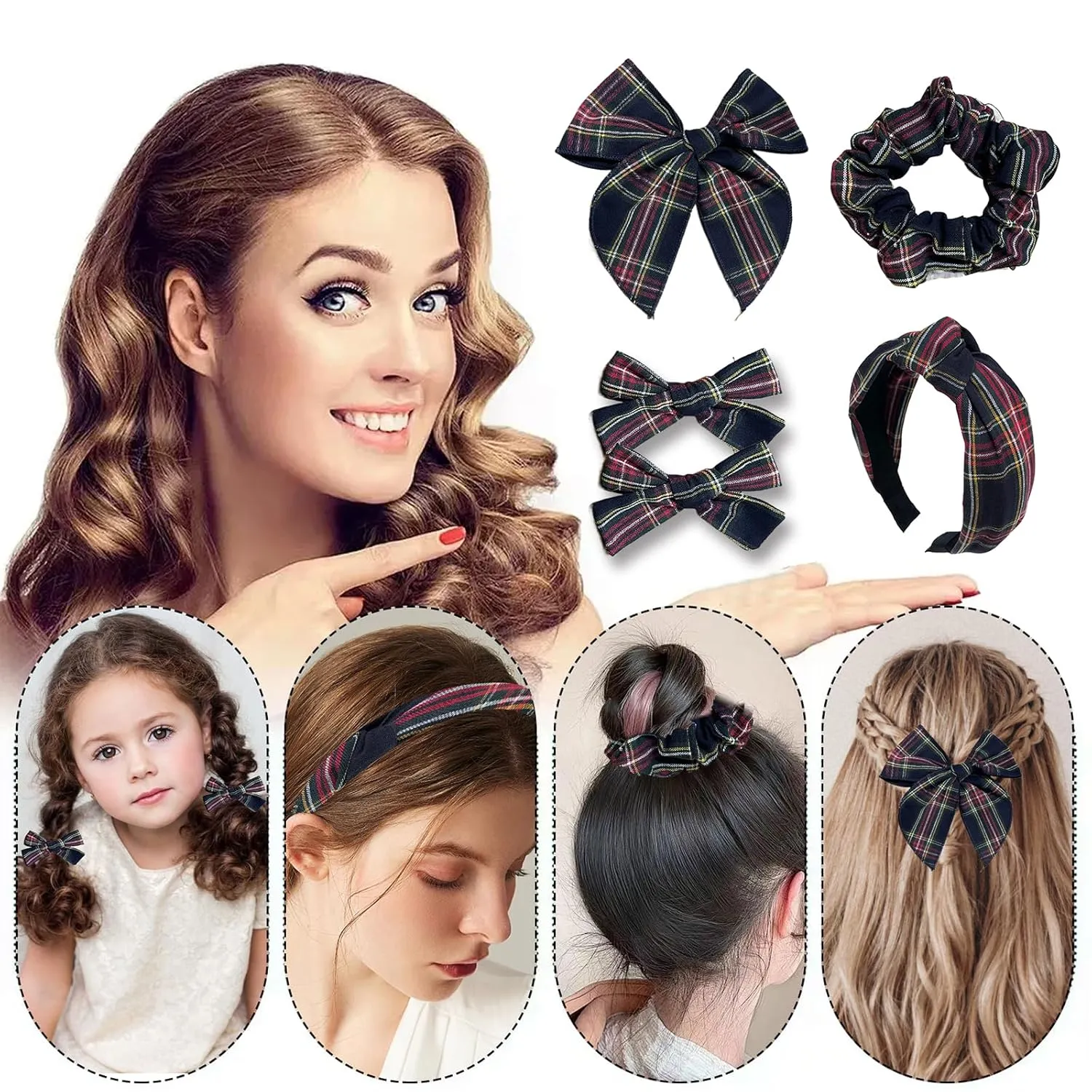 5 Pcs Plaid Headband Set with Hair Knotted Scrunchies Bow, Padded Headbands for Women, Christmas Hair Bows & Clips Accessories for Girls (Black)